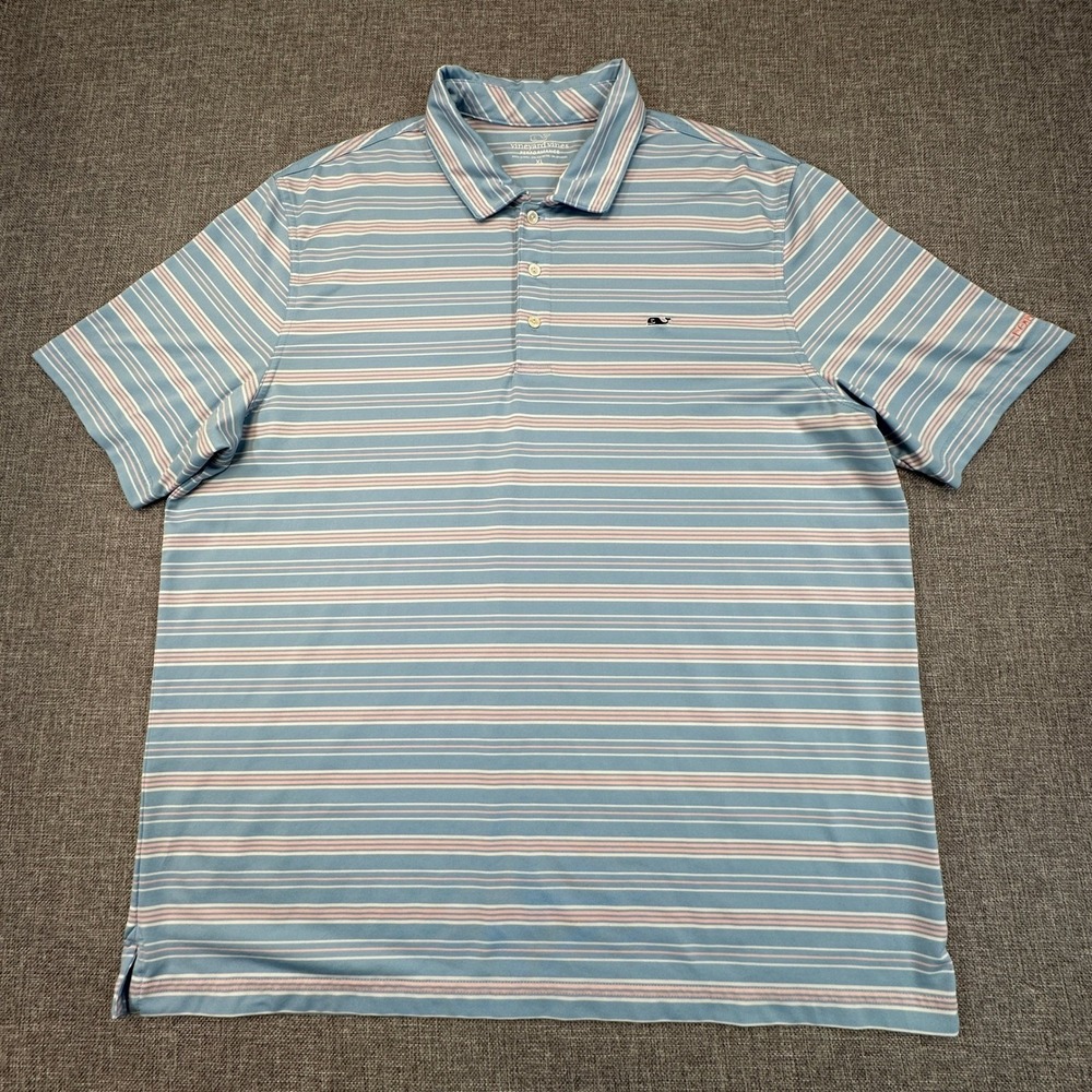 Vineyard Vines Performance Polo Shirt Mens XL Blue Pink Striped Forsythe Logo - Picture 2 of 9